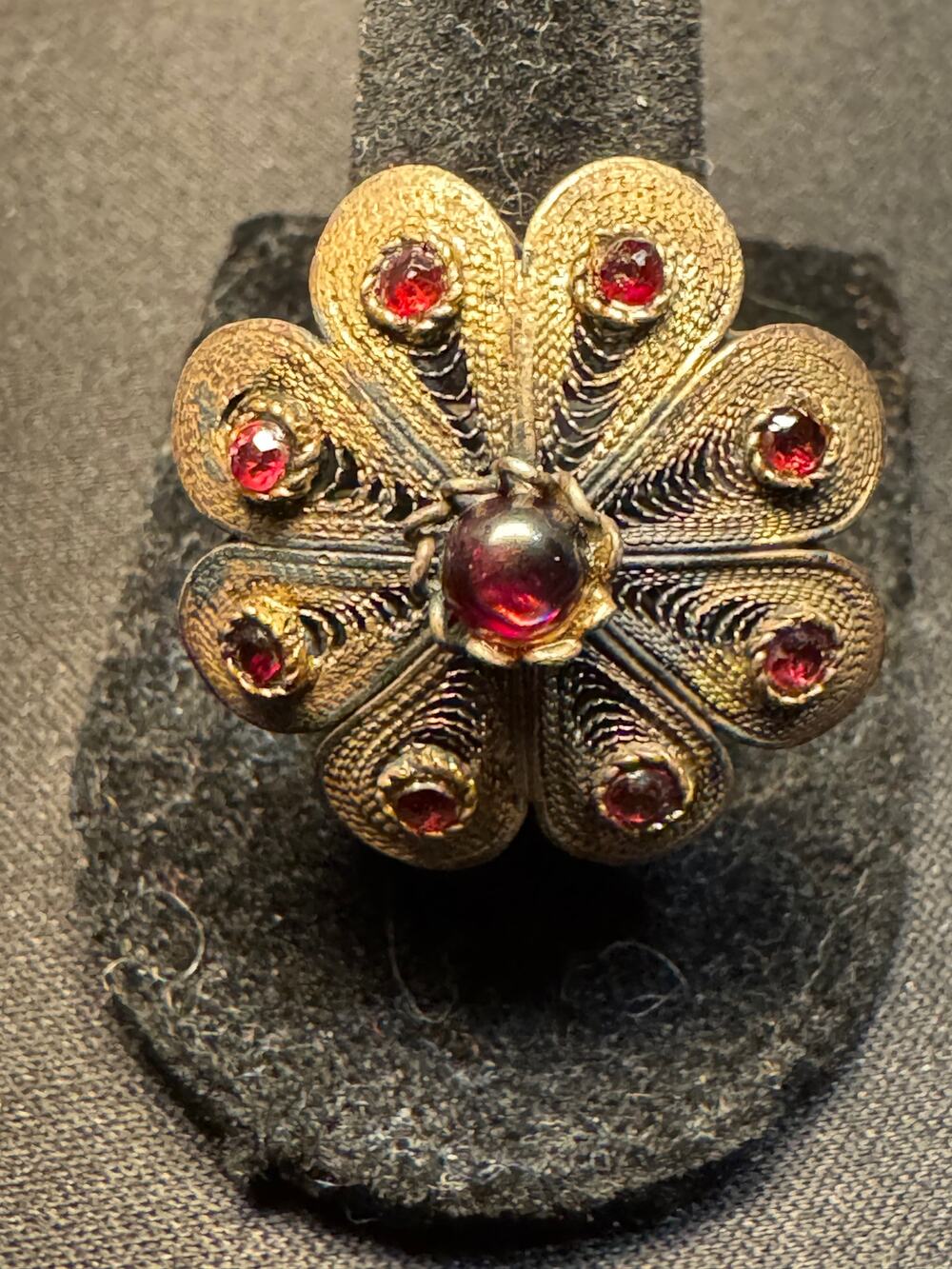 Antique Large Flower Adjustable Ring Aged Bronze Garnet Stones